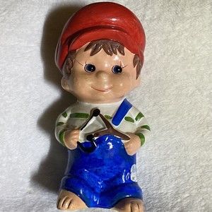 Vintage Hand Painted Ceramic Bank Boy With Slingshot Overalls Rubber Stopper